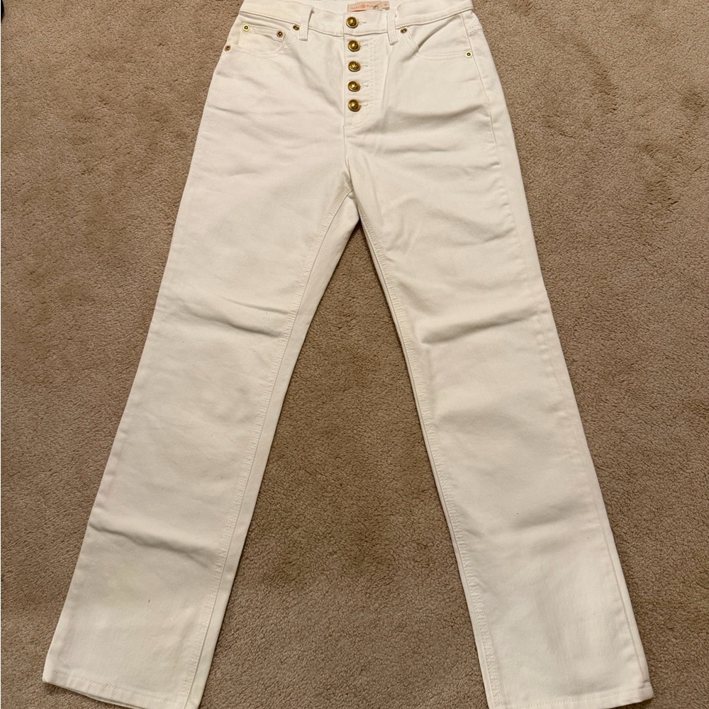 Tory Burch White Jeans with Gold Buttons and Purple Flower Detail